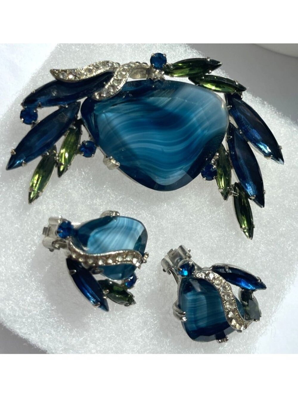 Vtg Blue Glass Givre & Navette Open Back Stones Rhinestone Brooch & Clip-On Earr